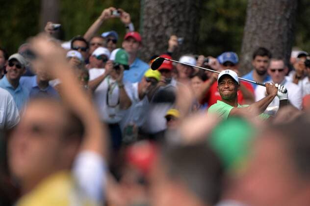 Tiger Woods watches his drive off of the 17th tee during a practice round at the 2015 Masters Tournament at Augusta, National in Augusta, Georgia on April 8, 2015.  AUG20150408304 KEVINxDIETSCH