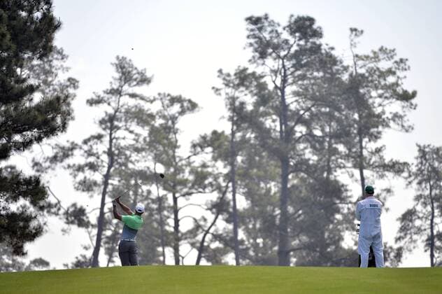 Tiger Woods hits on the 17th fairway during a practice round at the 2015 Masters Tournament at Augusta, National in Augusta, Georgia on April 8, 2015.  AUG20150408307 KEVINxDIETSCH