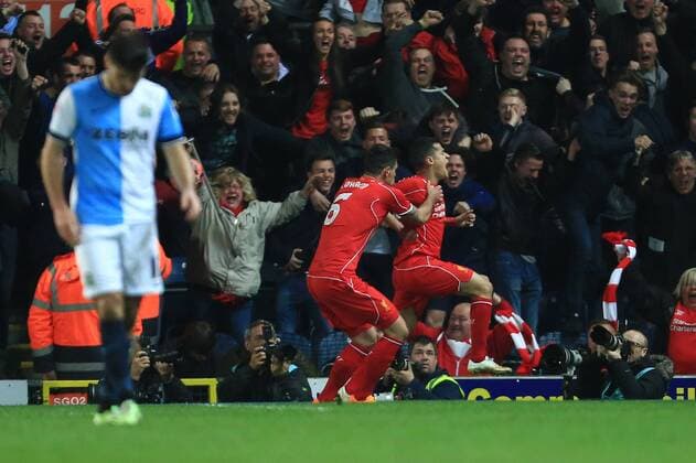 Philippe Coutinho of Liverpool celebrates his winning goal - Blackburn Rovers vs. Liverpool - The FA Cup - Quarter Final replay - Ewood Park - Blackburn - 08 04 2015 Pic Philip Oldham Sportimage EDITORIAL USE ONLY. No use with unauthorised audio, video, data, fixture lists, club league logos or live services. Online in-match use limited to 120 images, no video emulation. No use in betting, games or single club league player publications.