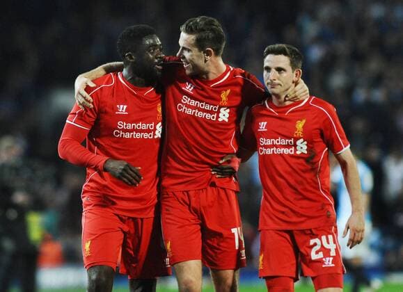 Football - 2014 2015 FA Cup round 6 Replay - Blackburn Rovers v Liverpool Liverpool celebrations at the final whistle with Kolo Toure, Jordan Henderson and Joe Allen at Ewood Park COLORSPORT ANDREW COWIE 