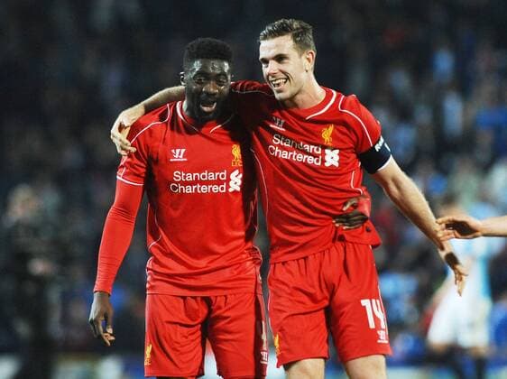 Football - 2014 2015 FA Cup round 6 Replay - Blackburn Rovers v Liverpool Liverpool celebrations at the final whistle with Kolo Toure and Jordan Henderson at Ewood Park COLORSPORT ANDREW COWIE 