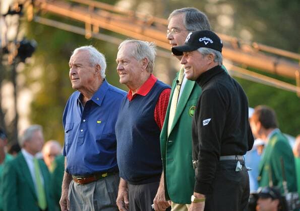 Arnold Palmer, Jack Nicklaus, Chairman of Augusta National Golf Club, Billy Payne and Gary Player stand on the first tee after they tee off at hole 1 to start the 2015 Masters Tournament at Augusta National Golf Club in Augusta, Georgia on April 9, 2015.  MAS20150409104 KEVINxDIETSCH