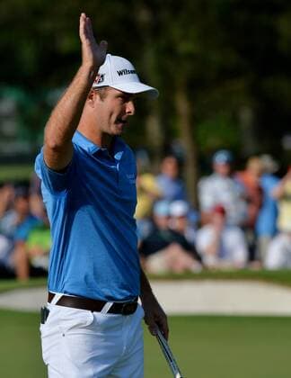 Kevin Streelman reacts after sinking a birdie putt on the second hole in the first round of the 2015 Masters Tournament at Augusta National Golf Club in Augusta, Georgia on April 9, 2015.  MAS20150409140 KEVINxDIETSCH