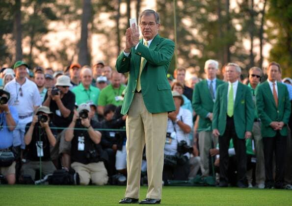 Chairman of Augusta National Golf Club, Billy Payne, stands on the first tee at hole 1 to start the 2015 Masters Tournament at Augusta National Golf Club in Augusta, Georgia on April 9, 2015.  MAS20150409118 KEVINxDIETSCH