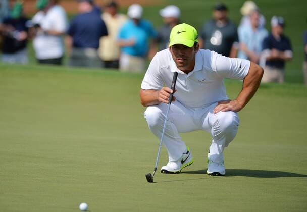 Paul Casey from England lines up a putt on the second green in the first round the 2015 Masters Tournament at Augusta National Golf Club in Augusta, Georgia on April 9, 2015.  MAS20150409165 KEVINxDIETSCH