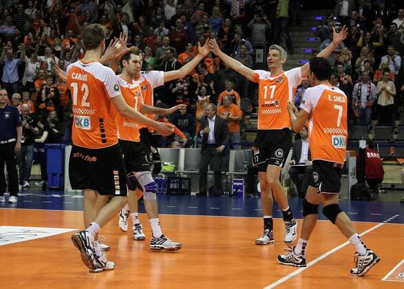 Paul Carroll, Scott Touzinsky, Robert Kromm, Rob Bontje, Kawika Shoji Volleyball Bundesliga Herren Saison 2014 2015 09.04.2015 BR Volleys Berlin vs. SWD Powervolleys Düren
