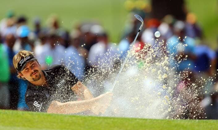 April 9, 2015 - Augusta, GA, USA - Victor Dubuisson hits from the bunker to the 7 green during the first round at the Masters Golf Tournament, Thursday, April 9, 2015 in Augusta, Ga. Masters golf - ZUMAm67_