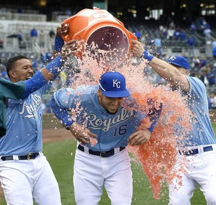 April 9, 2015 - Kansas City, MO, USA - Kansas City Royals left fielder Paulo Orlando gets the Gatorade shower from Salvador Perez and Erik Kratz following the team s 4-1 win over the Chicago White Sox and Orlando s major league debut on Thursday, April 9, 2015, at Kauffman Stadium in Kansas City, Mo. Chicago White Sox at Kansas City Royals - ZUMAm67_