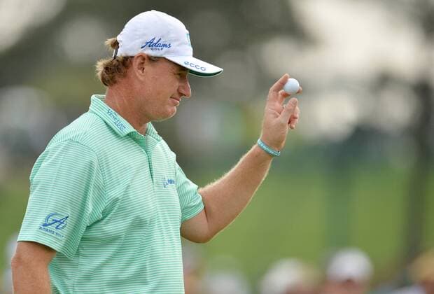 Ernie Els from South Africa reacts after making a putt for birdie on the 2nd hole in the second round of the 2015 Masters Tournament at Augusta National Golf Club in Augusta, Georgia on April 10, 2015.  AUG20150410121 KEVINxDIETSCH