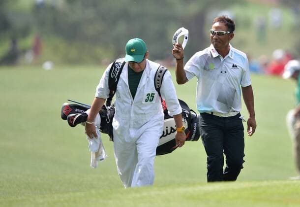 Thongchai Jaidee from Thailand reacts after making an eagle on the 3rd hole in the second round of the 2015 Masters Tournament at Augusta National Golf Club in Augusta, Georgia on April 10, 2015.  AUG20150410102 KEVINxDIETSCH