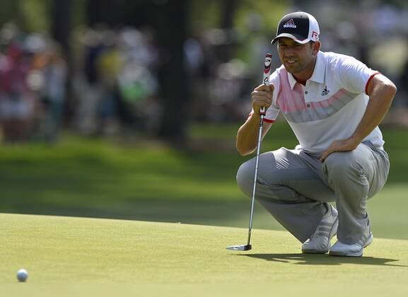 April 10, 2015 - Augusta, GA, USA - Sergio Garcia lines up a putt on the first green at Augusta National Golf Club during second round action in the Masters on Friday, April 10, 2015 in Augusta, Fla. Masters Day 2 - ZUMAm67_