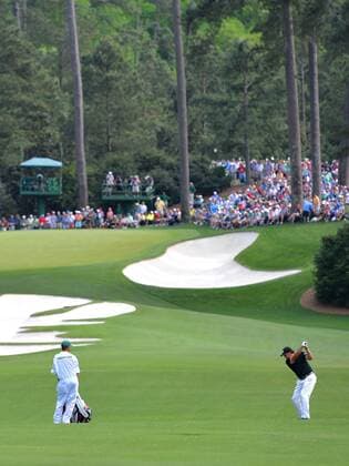 Phil Mickelson hits his approach shot to the 10th green in the second round of the 2015 Masters Tournament at Augusta National Golf Club in Augusta, Georgia on April 10, 2015.  AUG20150410151 KEVINxDIETSCH