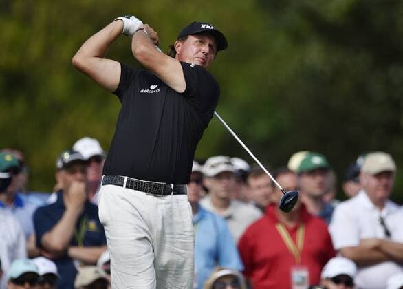 Phil Mickelson hits his tee shot on the 10th hole in the second round of the 2015 Masters Tournament at Augusta National Golf Club in Augusta, Georgia on April 10, 2015.  AUG20150410161 KEVINxDIETSCH