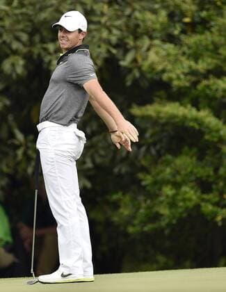 Rory McIlroy reacts after missing a birdie putt on the 11th hole in the second round of the 2015 Masters Tournament at Augusta National Golf Club in Augusta, Georgia on April 10, 2015.  AUG20150410156 KEVINxDIETSCH
