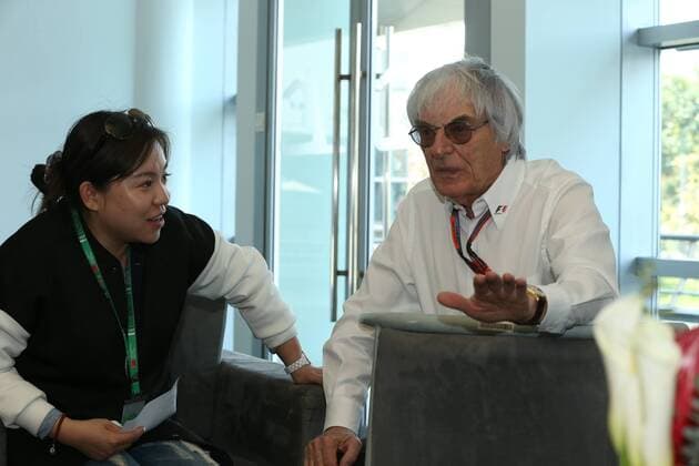 Bernie Ecclestone, right, chief executive of the Formula One Group, speaks at an interview during the 2015 Formula 1 Chinese Grand Prix in Shanghai, China, 11 April 2015. Bernie Ecclestone interviewed during 2015 Formula 1 Chinese Grand Prix  20150411_61414