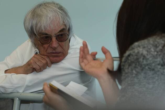 Bernie Ecclestone, chief executive of the Formula One Group, listens to a question at an interview during the 2015 Formula 1 Chinese Grand Prix in Shanghai, China, 11 April 2015. Bernie Ecclestone interviewed during 2015 Formula 1 Chinese Grand Prix  20150411_27034