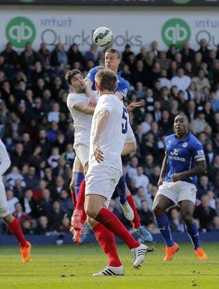 Robert Huth of Leicester (right) scores with a header to level the scores at 2-2 - Football - Barclays Premier League - West Bromwich Albion vs Leicester City - The Hawthorns West Bromwich - Season 2014 15 - 11th April 2015 - Photo Malcolm Couzens Sportimage EDITORIAL USE ONLY. No use with unauthorised audio, video, data, fixture lists, club league logos or live services. Online in-match use limited to 120 images, no video emulation. No use in betting, games or single club league player publications.