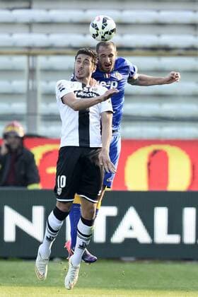 Db Parma 11 04 2015 - campionato di calcio serie A FC Parma vs Juventus Turin: Ishack Belfodil-Giorgio Chiellini 