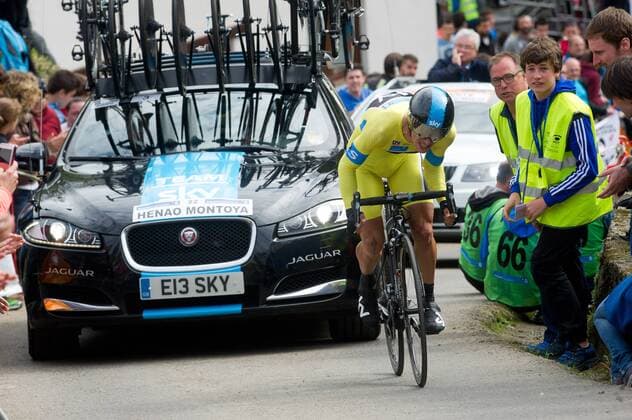 Sergio Henao of SKY competes during the 18,3 km individual time-trial and last stage of the 55rd edition of the Vuelta al Pais Vasco (Tour of the Basque Country) cycling race in Aia on April 11, 2015 