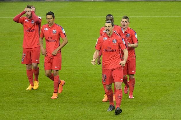 joie de Zlatan Ibrahimovic (PSG) apres son 2e but joie des joueurs Parisiens FOOTBALL : PSG vs Bastia - Finale - Coupe de la ligue - 11 04 2015 JBAutissier Panoramic 