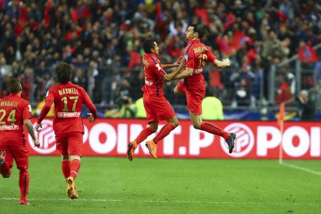 Aktuell Fußball, Frankreich, Finale Ligapokal, Paris St. Germain - SC Bastia joie Zlatan Ibrahimovic PSG et Marquinhos PSG FOOTBALL Bastia vs Paris Saint Germain Finale Coupe de la Ligue 11 04 2015 GwendolineLeGoff Panoramic 