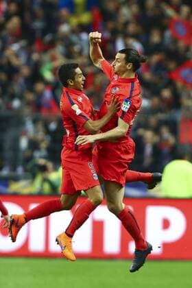 Aktuell Fußball, Frankreich, Finale Ligapokal, Paris St. Germain - SC Bastia joie Zlatan Ibrahimovic PSG et Marquinhos PSG FOOTBALL Bastia vs Paris Saint Germain Finale Coupe de la Ligue 11 04 2015 GwendolineLeGoff Panoramic 