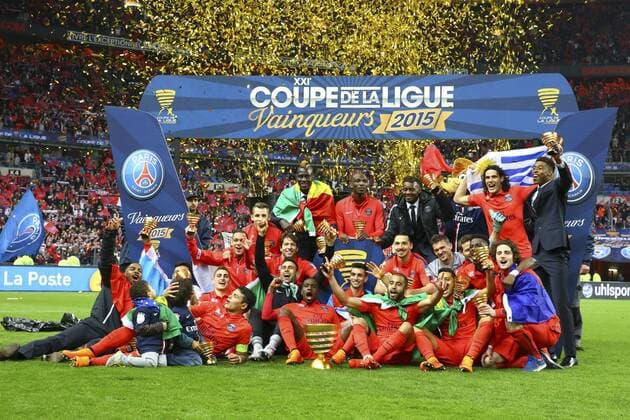 joie des Parisiens remise du trophee FOOTBALL : Paris Saint Germain (PSG) - Finale Coupe de la Ligue - 11 04 2015 GwendolineLeGoff 