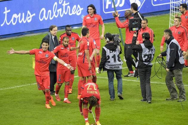 joie des joueurs Parisiens en fin de match Thiago Silva (PSG) FOOTBALL : SC Bastia vs Paris Saint Germain (PSG) - Finale - Coupe de la ligue - 11 04 2015 JBAutissier 
