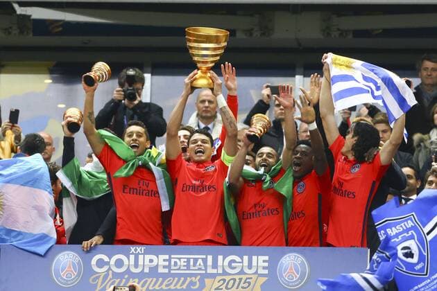 joie des Parisiens remise du trophee : Marquinhos (PSG) Thiago Silva (PSG) Lucas (PSG) Serge Aurier (PSG) Edinson Cavani (PSG) FOOTBALL : SC Bastia vs Paris Saint Germain (PSG) - Finale Coupe de la Ligue - 11 04 2015 GwendolineLeGoff 