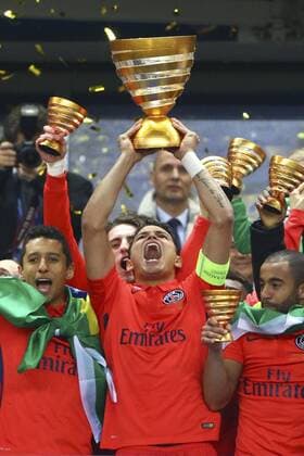 joie des Parisiens remise du trophee : Marquinhos (PSG) Thiago Silva (PSG) Lucas (PSG) FOOTBALL : SC Bastia vs Paris Saint Germain (PSG) - Finale Coupe de la Ligue - 11 04 2015 GwendolineLeGoff 