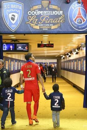 Thiago Silva (PSG) et ses enfents Iago und Isago FOOTBALL : SC Bastia vs Paris Saint Germain (PSG) - Finale Coupe de la Ligue - 11 04 2015 GwendolineLeGoff 