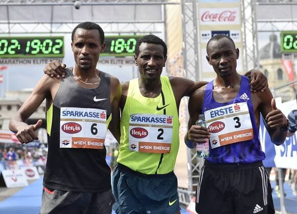 ATHLETICS - VCM 2015 VIENNA,AUSTRIA,12.APR.15 - ATHLETICS, RUNNING - Vienna City Marathon. Image shows Siraj Gena, Sisay Lemma (ETH) and Duncan Koech (KEN). GEPAxpictures xM.xHoermandinger 