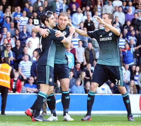 Chelsea s Cesc Fabregas celebrates scoring his sides opening goal Barclays Premier League- Queens Park Rangers vs Chelsea - Loftus Road - England - 12h April 2015 - Picture David Klein Sportimage EDITORIAL USE ONLY. No use with unauthorised audio, video, data, fixture lists, club league logos or live services. Online in-match use limited to 120 images, no video emulation. No use in betting, games or single club league player publications.