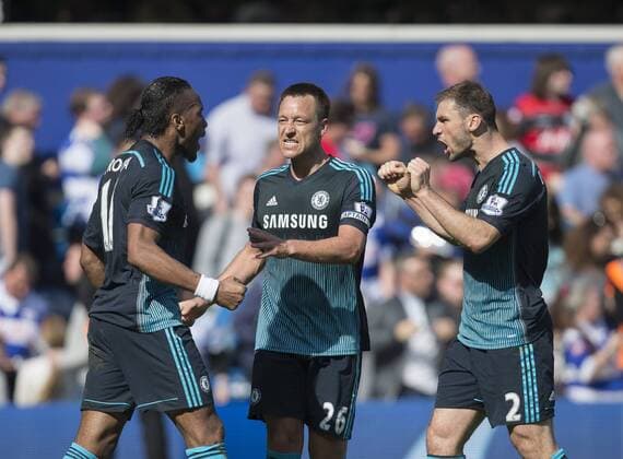 12.04.2015. London, England. Barclays Premier League. Queens Park Rangers versus Chelsea. Chelsea s Didier Drogba, John Terry and Branislav Ivanovic celebrate at the final whistle. xNigelxCookex  ActionPlus11612840