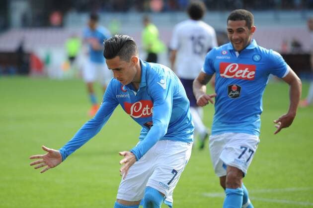 April 12, 2015 - Naples, Italy - Jose Callejon celebrates after scoring of SSC Napoli during the italian Serie A football match between SSC Napoli and Fiorentina at San Paolo Stadium, in Naples,Italy. SSC Napoli and Fiorentina - Serie A  - ZUMAn230