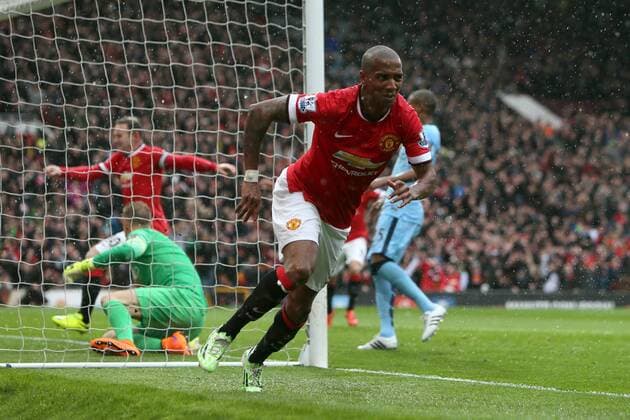 Ashley Young of Manchester United ManU celebrates his equalising goal - Manchester United vs. Manchester City - Barclay s Premier League - Old Trafford - Manchester - 12 04 2015 Pic Philip Oldham Sportimage EDITORIAL USE ONLY. No use with unauthorised audio, video, data, fixture lists, club league logos or live services. Online in-match use limited to 120 images, no video emulation. No use in betting, games or single club league player publications.