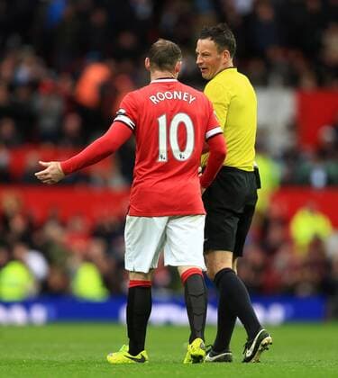 Wayne Rooney of Manchester United ManU talks with referee Mark Clattenburg - Manchester United vs. Manchester City - Barclay s Premier League - Old Trafford - Manchester - 12 04 2015 Pic Philip Oldham Sportimage EDITORIAL USE ONLY. No use with unauthorised audio, video, data, fixture lists, club league logos or live services. Online in-match use limited to 120 images, no video emulation. No use in betting, games or single club league player publications.