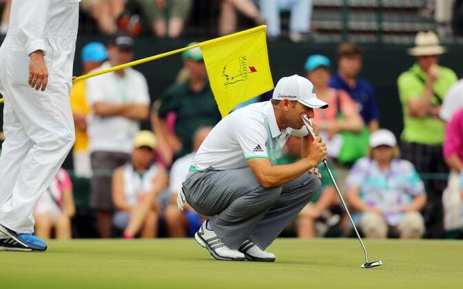 April 12, 2015 - Augusta, GA, USA - Sergio Garcia lines up a birdie attempt on the first green during the final round of the Masters on Sunday, April 12, 2015, at Augusta National Golf Club in Augusta, Ga. Masters final round - ZUMAm67_