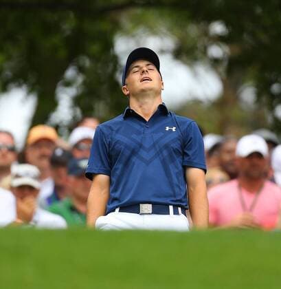 April 12, 2015 - Augusta, Georgia, U.S. - JORDAN SPIETH reacts to his tee shot on the 4th Hole during the final round of the Masters golf tournament at Augusta National Golf Club. Spieth won at 18 under. Golf 2015 - The Masters - Spieth Wins - ZUMAm67_
