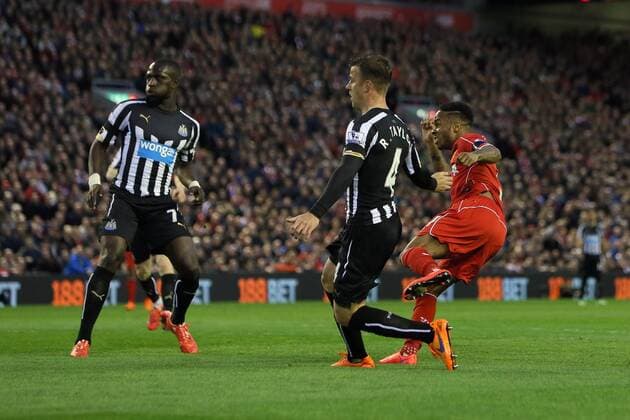 Raheem Sterling of Liverpool scores the opening goal - Liverpool vs. Newcastle United - Barclay s Premier League - Anfield - Liverpool - 13 04 2015 Pic Philip Oldham Sportimage EDITORIAL USE ONLY. No use with unauthorised audio, video, data, fixture lists, club league logos or live services. Online in-match use limited to 120 images, no video emulation. No use in betting, games or single club league player publications.