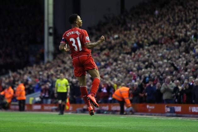 Raheem Sterling of Liverpool celebrates his opening goal - Liverpool vs. Newcastle United - Barclay s Premier League - Anfield - Liverpool - 13 04 2015 Pic Philip Oldham Sportimage EDITORIAL USE ONLY. No use with unauthorised audio, video, data, fixture lists, club league logos or live services. Online in-match use limited to 120 images, no video emulation. No use in betting, games or single club league player publications.