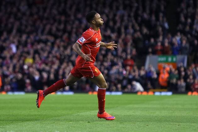 Raheem Sterling of Liverpool celebrates his opening goal - Liverpool vs. Newcastle United - Barclay s Premier League - Anfield - Liverpool - 13 04 2015 Pic Philip Oldham Sportimage EDITORIAL USE ONLY. No use with unauthorised audio, video, data, fixture lists, club league logos or live services. Online in-match use limited to 120 images, no video emulation. No use in betting, games or single club league player publications.