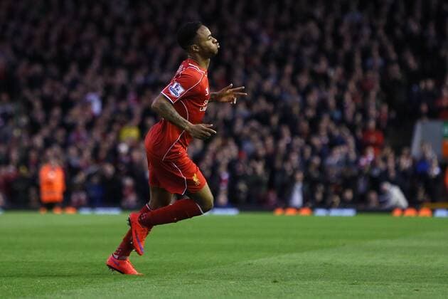 Raheem Sterling of Liverpool celebrates his opening goal - Liverpool vs. Newcastle United - Barclay s Premier League - Anfield - Liverpool - 13 04 2015 Pic Philip Oldham Sportimage EDITORIAL USE ONLY. No use with unauthorised audio, video, data, fixture lists, club league logos or live services. Online in-match use limited to 120 images, no video emulation. No use in betting, games or single club league player publications.