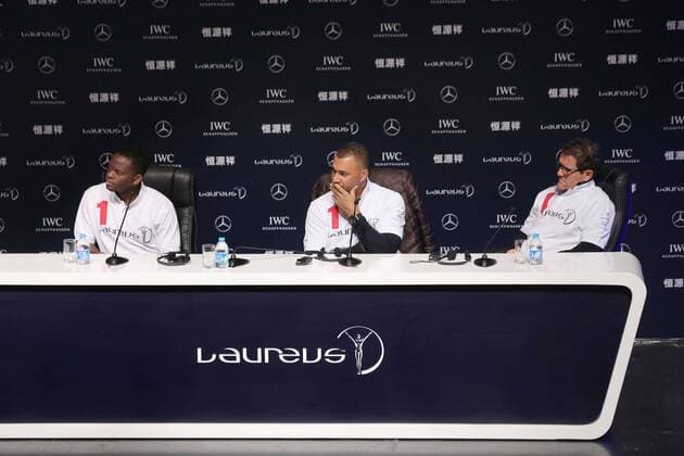 (From left) Former French football star Louis Saha, Dutch football star and manager Ruud Gullit, head coach of FC Terek Grozny, and Fabio Capello, head coach of the Russian national football team, attend a press conference PK Pressekonferenz for the Laureus World Sports Awards Shanghai 2015 in Shanghai, China, 14 April 2015. Soccer stars highlight press conference for Laureus Awards in Shanghai  20150414_61312