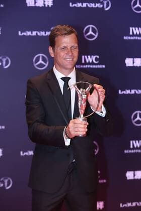 Retired German football star Oliver Bierhoff poses with the trophy after the award ceremony for the Laureus World Sports Awards Shanghai 2015 in Shanghai, China, 15 April 2015. Germany s World Cup-winning national squad won the team of the year prize at the Laureus Sports Awards on Wednesday (15 April 2015). Germany beat Argentina 1-0 in last year s final in Brazil to win its fourth World Cup title and first in 24 years. The German team was picked for the Laureus award over Mercedes Formula One-winning team, the NBA Basketball Herren USA champion San Antonio Spurs, the Davis Cup-winning Swiss team, the European Ryder Cup-winning team, and Real Madrid, winners of the Champions League title. The Laureus Awards were held for the first time in China and brought out many of the country s top sports stars, including a heavily pregnant tennis player Li Na, basketball player Yao Ming and former Olympic champion hurdler Liu Xiang. Germany s World Cup team wins Laureus team award  20150415_10831