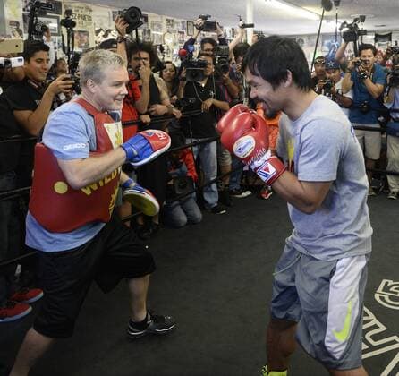 April 15,2015. Hollywood CA.USA. Manny Pacquiao trains with Freddie Roach media day at the wild card gym Wednesday. Manny Pacquiao gets ready for his big fight with Floyd Mayweather Jr. on May 2nd at the MGM Grand hotel in Las Vegas. Pacquiao Media Day - ZUMAbl1_