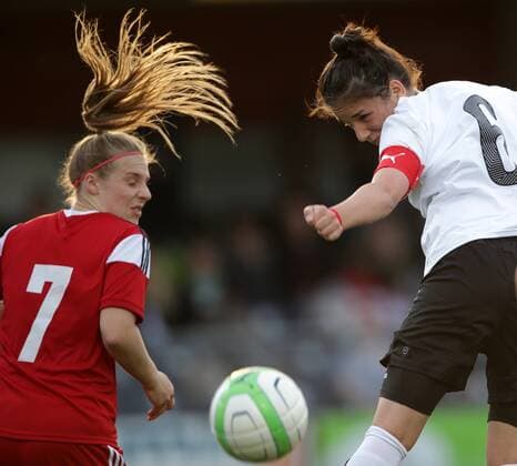 SOCCER - UEFA U17 U 17 EURO, quali, AUT vs DEN SANKT POELTEN,AUSTRIA,16.APR.15 - WOMEN SOCCER - UEFA Womens Under-17 European Championship EM Europameisterschaft 2015, qualification, OEFB international match Länderspiel Austria vs Denmark. Image shows Freja Abilda (DEN) and Adina Hamidovic (AUT). GEPAxpictures xWalterxLuger 