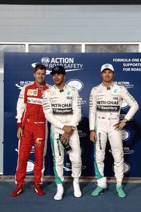 FORMULA 1 - Bahrain GP SAKHIR,BAHRAIN,18.APR.15 - MOTORSPORTS, FORMULA 1 - Grand Prix of Bahrain, Bahrain International Circuit, practice and qualifying. Image shows Sebastian Vettel (GER Ferrari), Lewis Hamilton (GBR Mercedes GP) and Nico Rosberg (GER Mercedes GP). GEPAxpictures xFritzxMueller 