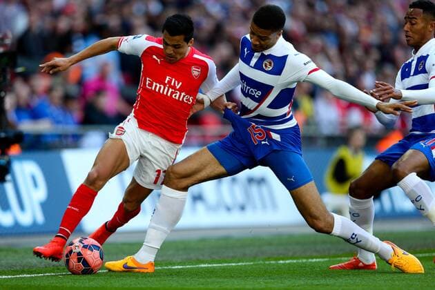 Alexis Sanchez of Arsenal and Reading s Michael Hector - FA Cup Semi Final - Reading v Arsenal - Wembley Stadium - London - 18 04 2015 - Pic Charlie Forgham-Bailey Sportimage EDITORIAL USE ONLY. No use with unauthorised audio, video, data, fixture lists, club league logos or live services. Online in-match use limited to 120 images, no video emulation. No use in betting, games or single club league player publications.