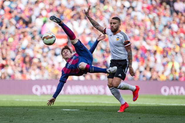 BARCELONA -April 18- SPAIN: Overhead kick of Lionel Messi in the match between FC Barcelona Barca and Valencia CF, for the week 32 of the Spanish league BBVA, played at the Camp Nou Stadium, april 18 2015. 
